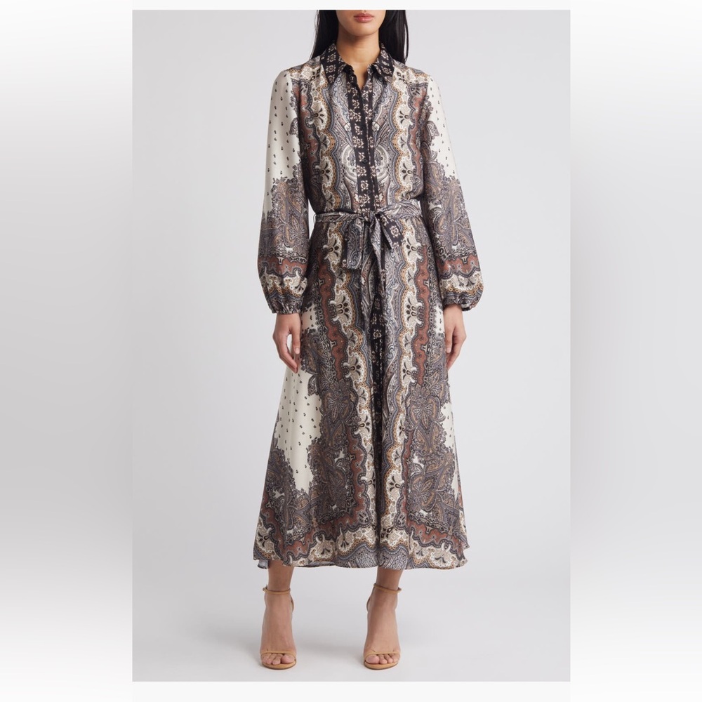 Julia Jordan Cream and Brown Paisley Long Sleeve Dress